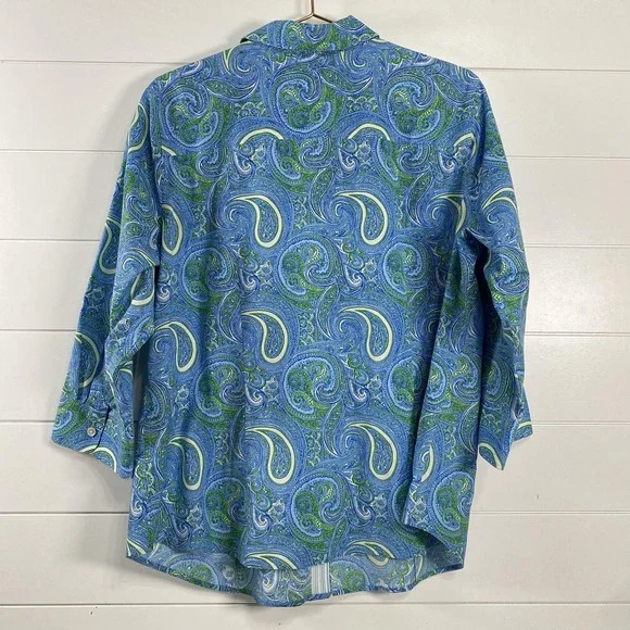 Talbots Shirt Womens 14W Blue Green Paisley Wrinkle Resistant Blouse Cotton - Picture 3 of 11